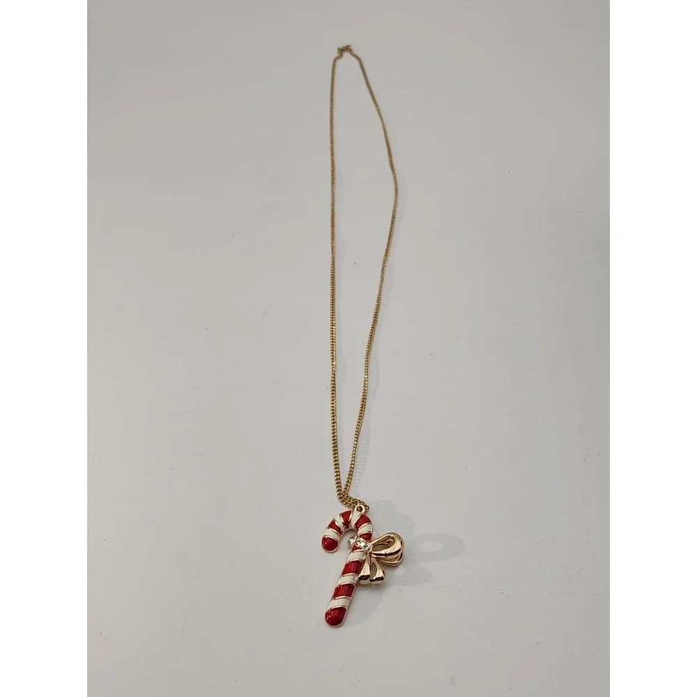 Vintage‎ Gold Tone Red White Candy Cane Rhinestone Bow Holiday 34